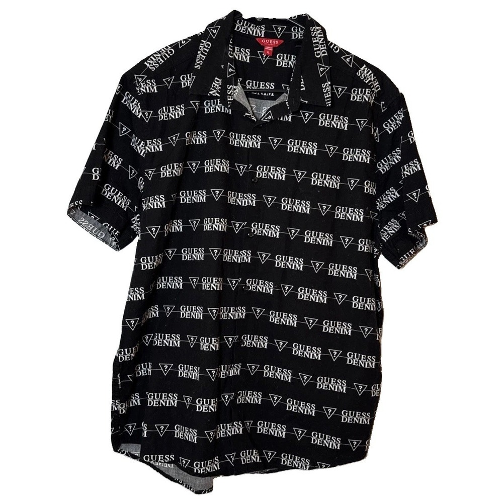 GUESS Denim Mens XL Black White All Over Logo Short Sleeve Button Up Shirt